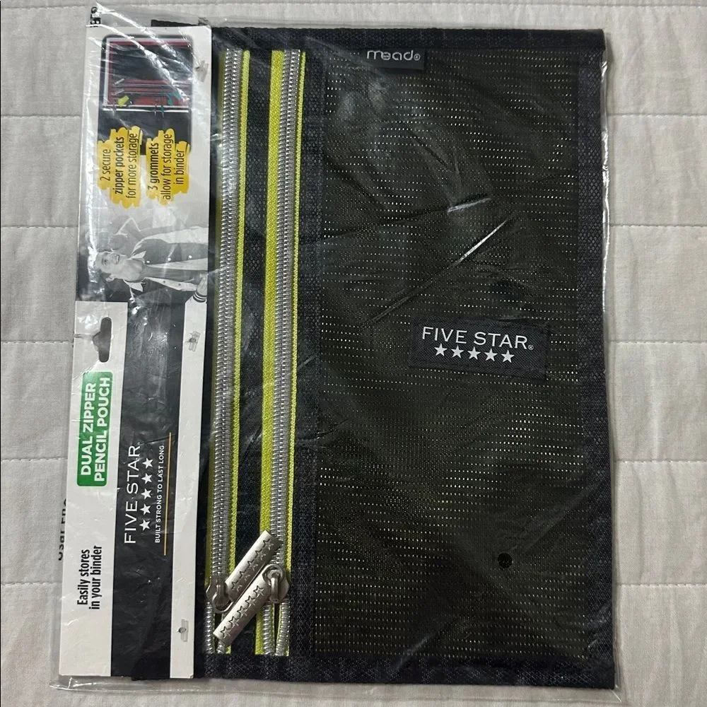 Five Star Black Green Silver Mesh Dual Zipper Binder Compatible Pencil Pouch
